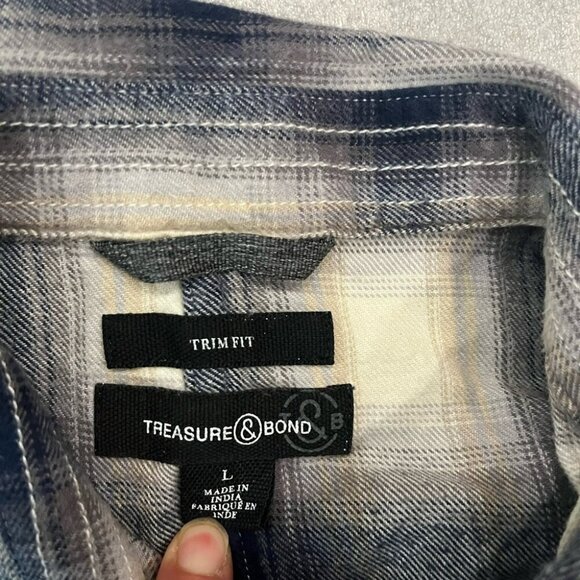 [L] Treasure&Bond Trim Fit Blue Gray Plaid Cotton LS Button Shirt - Picture 2 of 9